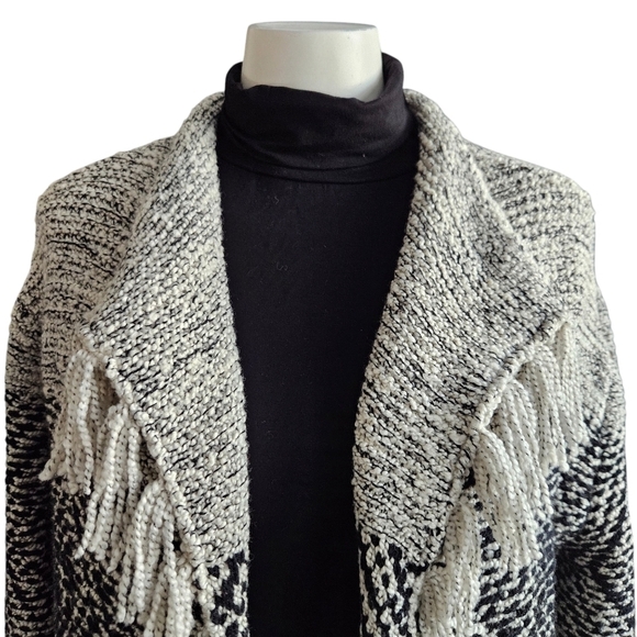 J. Jill Sweater Fringe Trim Cardigan Cotton Wool Black Western Chunky Boho Small - Picture 3 of 12